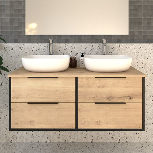 Meuble De Salle De Bain Avec Vasques à Poser Arrondies Alba Et Miroir LED Stam - Noir - 120cm