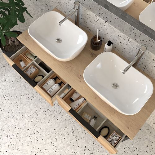 Meuble De Salle De Bain Avec Vasques à Poser Arrondies Alba Et Miroir LED Stam - Noir - 120cm