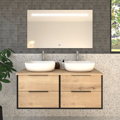 Meuble De Salle De Bain Avec Vasques à Poser Arrondies Alba Et Miroir LED Stam - Noir - 120cm