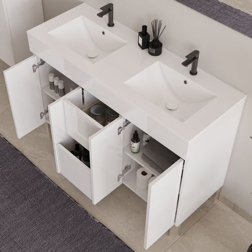 Meuble De Salle De Bain 120cm Double Vasque Sans Miroir - Avec Portes Et Tiroirs - Blanc - Haro