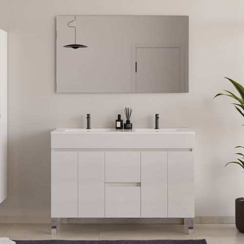 Meuble De Salle De Bain 120cm Double Vasque Sans Miroir - Avec Portes Et Tiroirs - Blanc - Haro