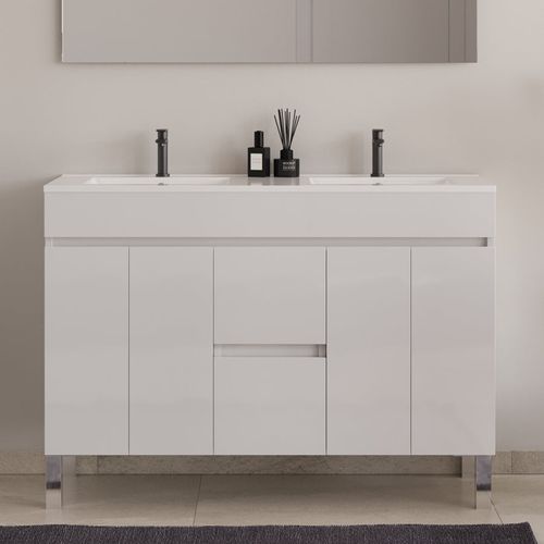 Meuble De Salle De Bain 120cm Double Vasque Sans Miroir - Avec Portes Et Tiroirs - Blanc - Haro