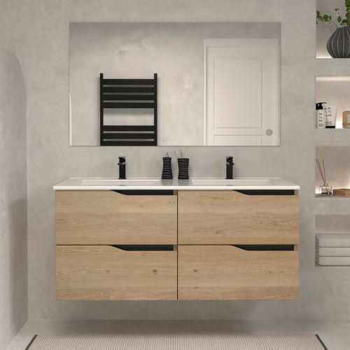 Meuble De Salle De Bain 120cm Double Vasque - Sans Miroir - 4 Tiroirs - Madera Miel - Luna