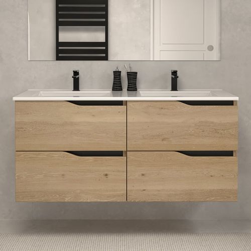 Meuble De Salle De Bain 120cm Double Vasque - Sans Miroir - 4 Tiroirs - Madera Miel - Luna