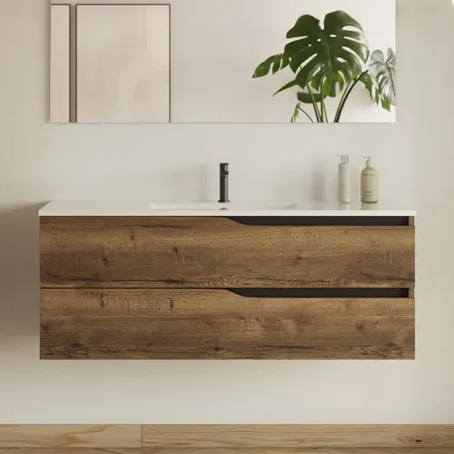 Meuble De Salle De Bain 120cm Simple Vasque - 2 Tiroirs - Tabaco (bois Foncé) - Luna