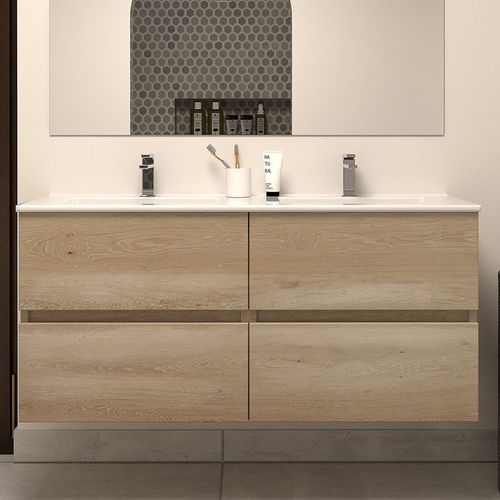 Meuble De Salle De Bain 120cm Double Vasque - Sans Miroir - 4 Tiroirs - Nebraska (bois Clair) - Ida