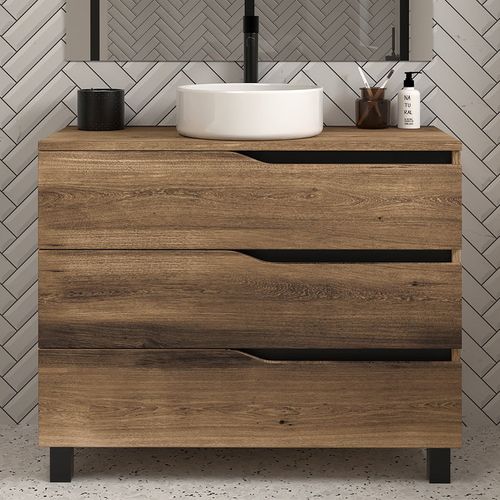 Meuble De Salle De Bain 100 Avec Plateau Et Vasque à Poser - 3 Tiroirs - Tabaco (bois Foncé) - Mata