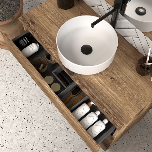 Meuble De Salle De Bain 100 Avec Plateau Et Vasque à Poser - 3 Tiroirs - Tabaco (bois Foncé) - Mata