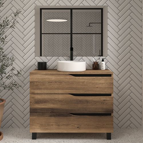 Meuble De Salle De Bain 100 Avec Plateau Et Vasque à Poser - 3 Tiroirs - Tabaco (bois Foncé) - Mata