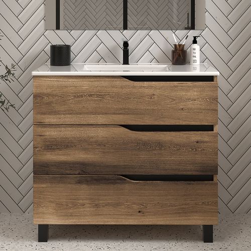 Meuble De Salle De Bain 70cm Simple Vasque - 3 Tiroirs - Sans Miroir - Tabaco (bois Foncé) - Mata
