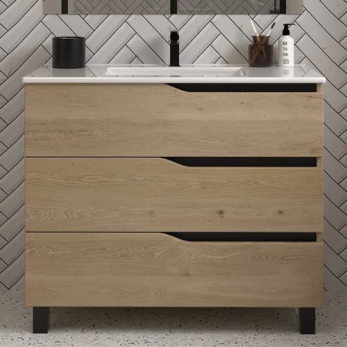 Meuble De Salle De Bain 70cm Simple Vasque - 3 Tiroirs - Sans Miroir - Madera Miel - Mata