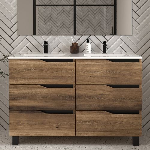 Meuble De Salle De Bain 140cm Double Vasque - 6 Tiroirs - Tabaco (bois Foncé) - Mata