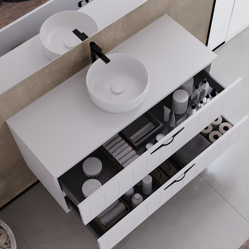 Meuble De Salle De Bain 120cm Avec Plateau Et Une Vasque à Poser Ronde - 2 Tiroirs - Blanc - Pia