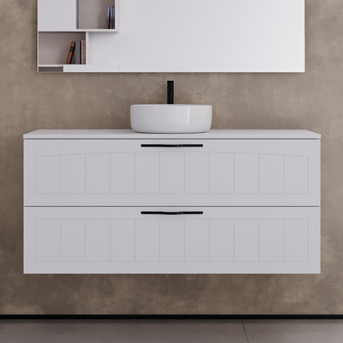 Meuble De Salle De Bain 120cm Avec Plateau Et Une Vasque à Poser Ronde - 2 Tiroirs - Blanc - Pia