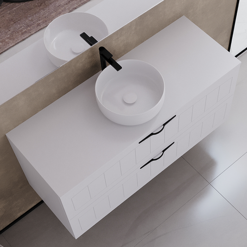 Meuble De Salle De Bain 120cm Avec Plateau Et Une Vasque à Poser Ronde - 2 Tiroirs - Blanc - Pia