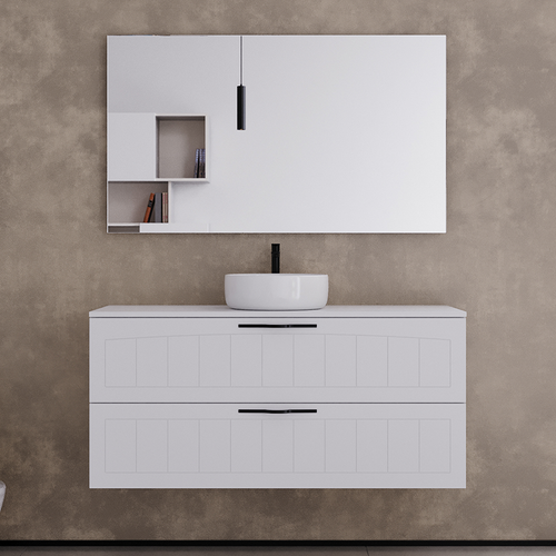 Meuble De Salle De Bain 120cm Avec Plateau Et Une Vasque à Poser Ronde - 2 Tiroirs - Blanc - Pia