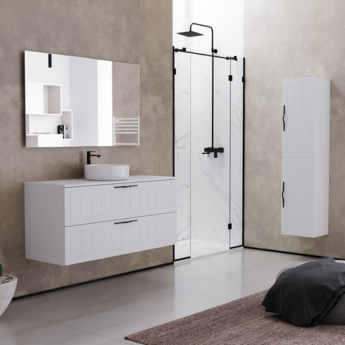 Meuble De Salle De Bain 120cm Avec Plateau Et Une Vasque à Poser Ronde - 2 Tiroirs - Blanc - Pia