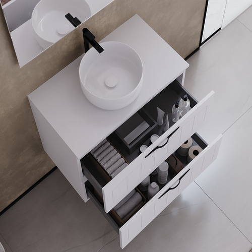 Meuble De Salle De Bain 60cm Avec Plateau Et Vasque à Poser Ronde - 2 Tiroirs - Blanc - Pia