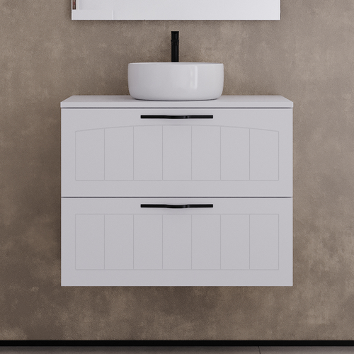 Meuble De Salle De Bain 60cm Avec Plateau Et Vasque à Poser Ronde - 2 Tiroirs - Blanc - Pia
