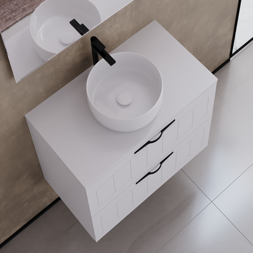 Meuble De Salle De Bain 60cm Avec Plateau Et Vasque à Poser Ronde - 2 Tiroirs - Blanc - Pia
