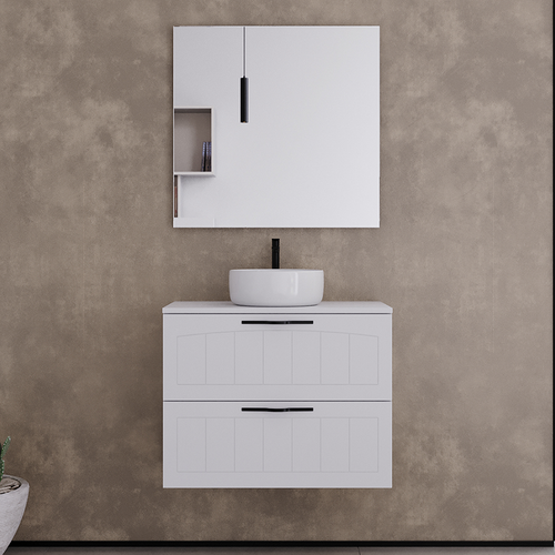 Meuble De Salle De Bain 60cm Avec Plateau Et Vasque à Poser Ronde - 2 Tiroirs - Blanc - Pia