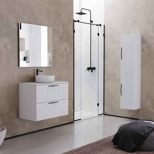 Meuble De Salle De Bain 60cm Avec Plateau Et Vasque à Poser Ronde - 2 Tiroirs - Blanc - Pia