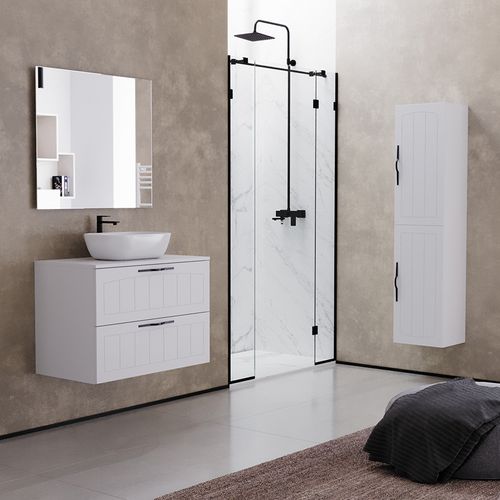 Meuble De Salle De Bain 70cm Avec Vasque à Poser Ovale - 2 Tiroirs - Sans Miroir - Blanc
