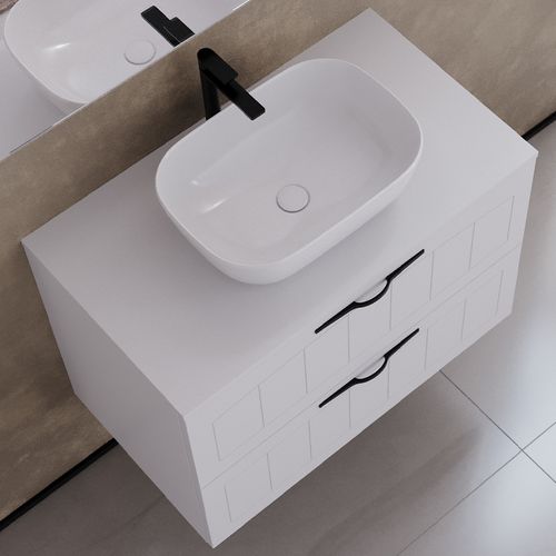 Meuble De Salle De Bain 70cm Avec Vasque à Poser Ovale - 2 Tiroirs - Sans Miroir - Blanc