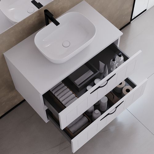 Meuble De Salle De Bain 70cm Avec Vasque à Poser Ovale - 2 Tiroirs - Sans Miroir - Blanc