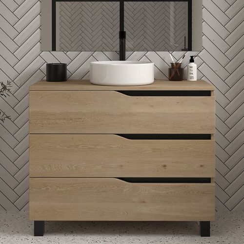 Meuble De Salle De Bain 90cm Avec Plateau Et Vasque à Poser - 3 Tiroirs - Madera Miel