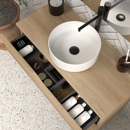 Meuble De Salle De Bain 90cm Avec Plateau Et Vasque à Poser - 3 Tiroirs - Madera Miel