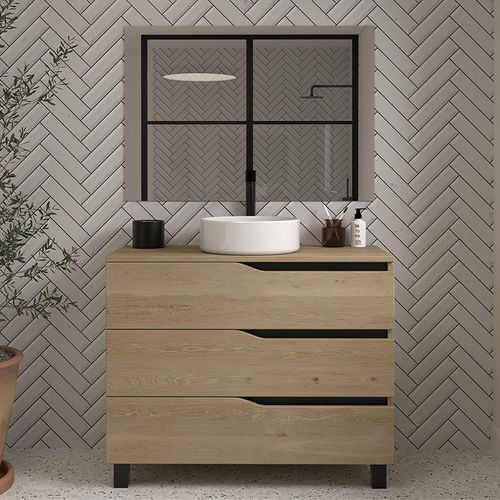 Meuble De Salle De Bain 90cm Avec Plateau Et Vasque à Poser - 3 Tiroirs - Madera Miel