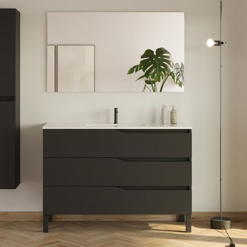 Meuble De Salle De Bain 120cm Simple Vasque - 3 Tiroirs - Noir - Mata