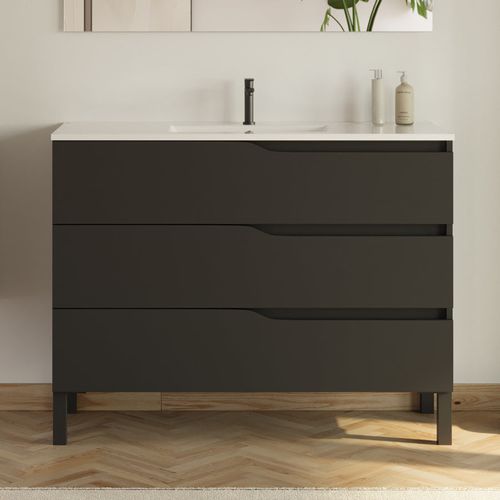 Meuble De Salle De Bain 100cm Simple Vasque - 3 Tiroirs - Noir - Mata