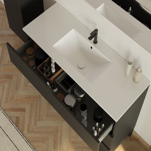 Meuble De Salle De Bain 100cm Simple Vasque - 3 Tiroirs - Noir - Mata