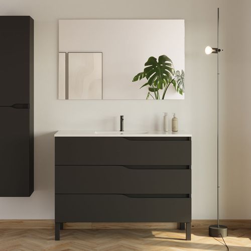 Meuble De Salle De Bain 100cm Simple Vasque - 3 Tiroirs - Noir - Mata