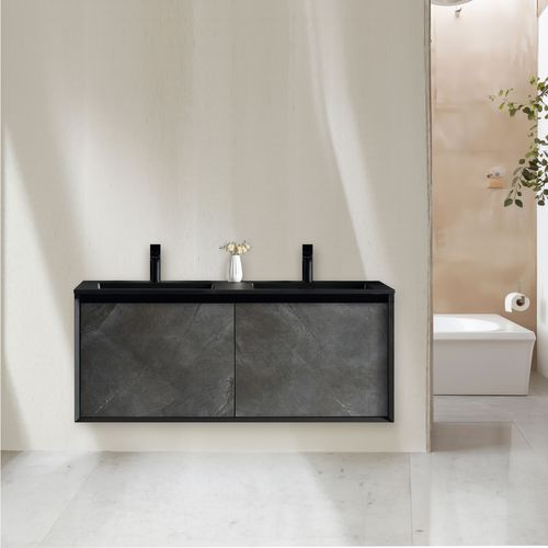 Meuble Double Vasque 120 Cm Noir Effet Pierre Aquasasso