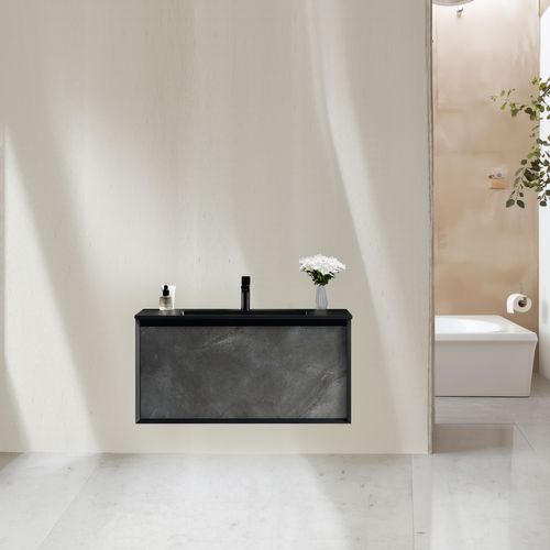 Meuble Avec Vasque 100 Cm Noir Effet Pierre Aquasasso