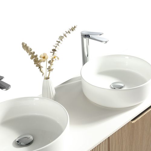Meuble 140 Cm Chêne Clair Aquagiro Double Vasque À Poser Blanc Mat