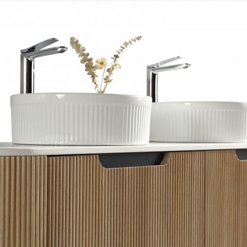 Meuble 140 Cm Chêne Clair Aquagiro Double Vasque À Poser Blanche Wave