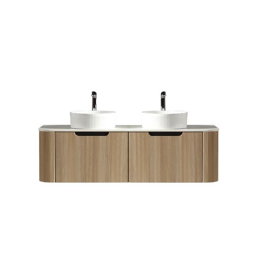 Meuble 140 Cm Chêne Clair Aquagiro Double Vasque À Poser Blanche Wave