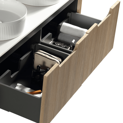 Meuble 140 Cm Chêne Clair Aquagiro Double Vasque À Poser Blanche Wave