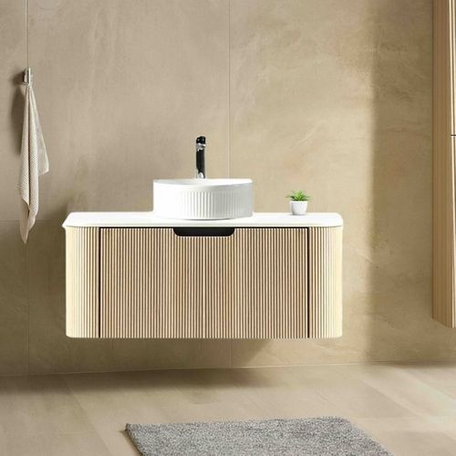 Meuble 120 Cm Chêne Clair Aquagiro Avec Vasque À Poser Blanche Wave