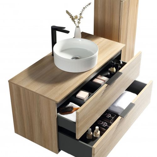 Meuble 120 Cm Chêne Clair Avec Vasque À Poser Blanc Wave Aqualinea