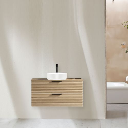 Meuble 100 Cm Chêne Clair Avec Vasque À Poser Blanc Brillant Aqualinea