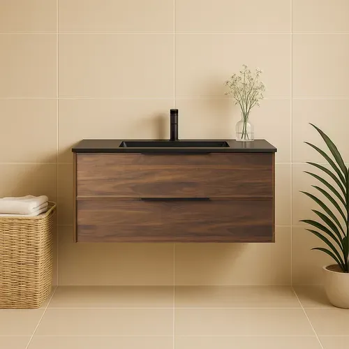 Meuble De Salle De Bain Avec Vasque Effet Noyer 100 Cm Aquasila