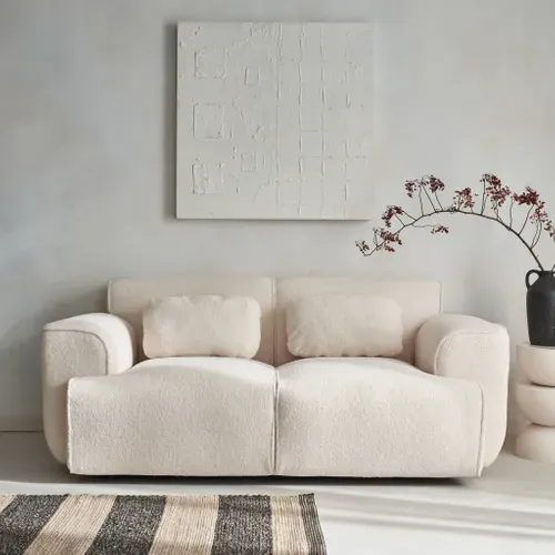 Canapé 2 Places. Tissu Bouclette. 2 Coussins Déhoussables. Wallas  L 178 X P 97.5 X H 73cm