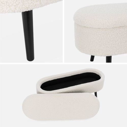 Banc Coffre. Bout De Lit Avec Revêtement Bouclette. écru. Pieds En Bois Noir. L 112 X 44 X 50cm