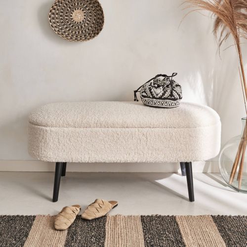 Banc Coffre. Bout De Lit Avec Revêtement Bouclette. écru. Pieds En Bois Noir. L 112 X 44 X 50cm