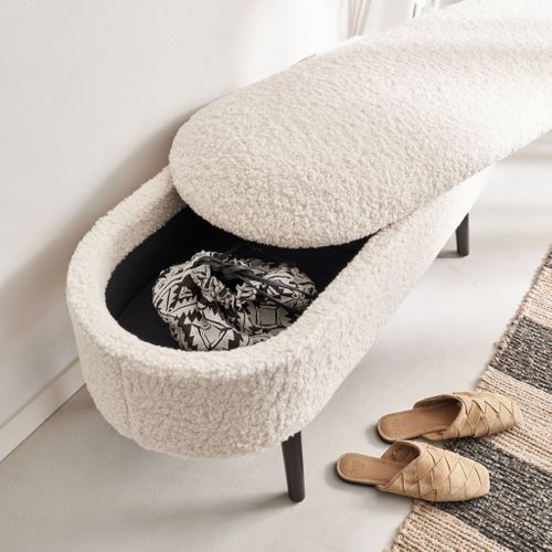 Banc Coffre. Bout De Lit Avec Revêtement Bouclette. écru. Pieds En Bois Noir. L 112 X 44 X 50cm
